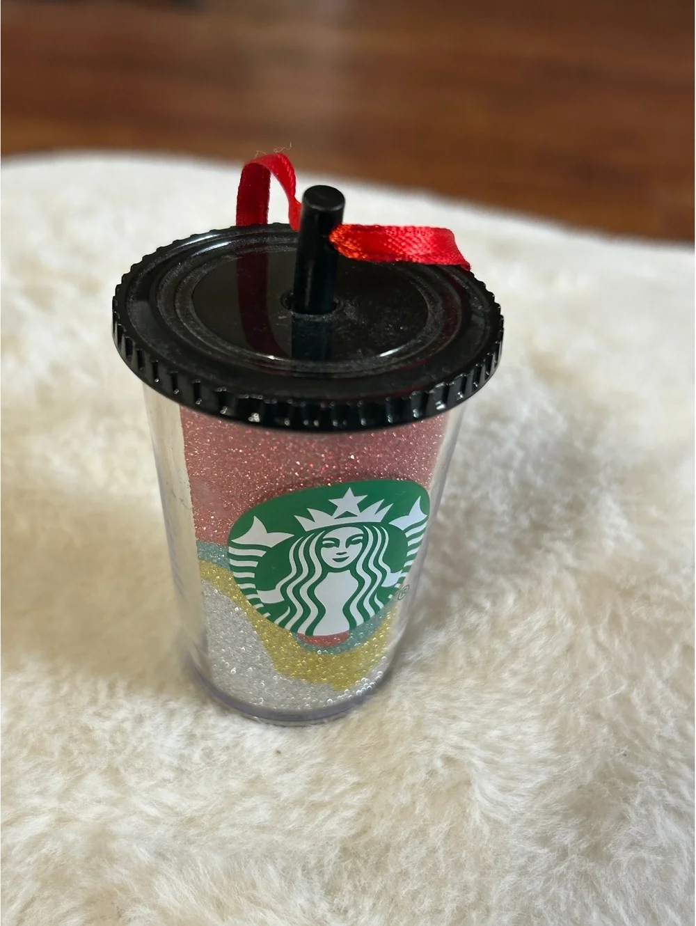 Starbucks Mini Glitter Tumbler Ornament with Straw and Red Ribbon
